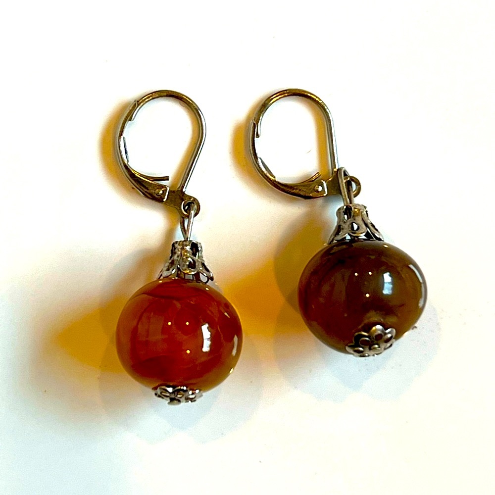 Brown Beautiful Amber Bead Dangling Earrings.